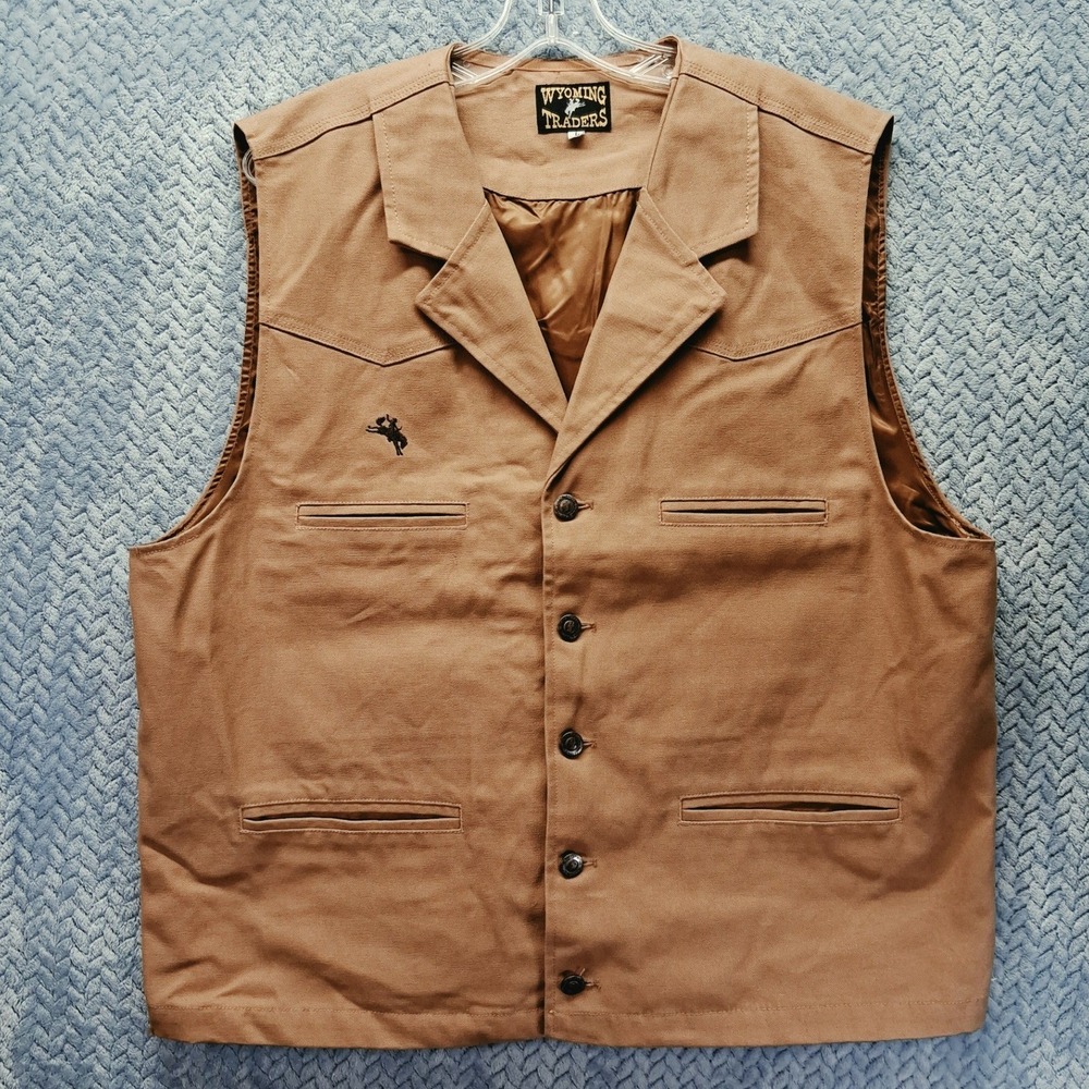 Wyoming Traders Mens Large Tan Canvas Western Vest Bronco Logo Rodeo Cowboy